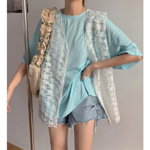 Korean Fashion Chic Lace Vest Women Summer Thin Vest Waistcoat Sleeveless Jackets Fashion Cardigan