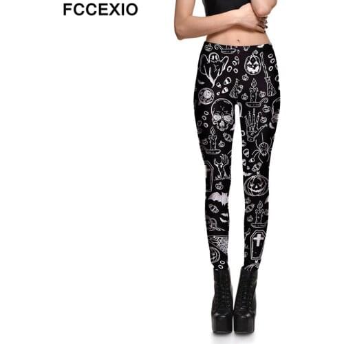 FCCEXIO New Women Fitness Workout Fashion Leggings Pumpkin Skull Digital Print Push Up Women Elastic Force Hallowmas Leggings