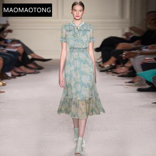 Fashion Designer Dress Summer Womens Dress Beaded Crystal Short sleeve Elastic waist Floral-Print Chiffon Dresses