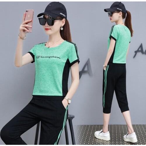 Fashion 2021 2 Piece Set Korean Loose Summer Short Sleeved Cropped Trousers Long Sleeved Trousers Orange Pink Gray Green Clothes
