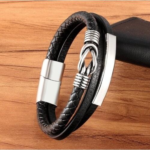 Classic Punk Multilayer Stitching Combination Stainless Steel Mens Luxury Leather Bracelet
