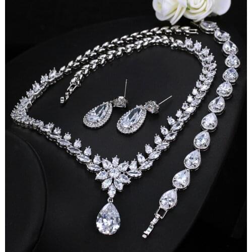 High-Grade Zircon Bridal Accessories Set Chain Silver-Needle Earrings Necklace Bracelet Three-Piece Wedding Dress Jewelry Luxary