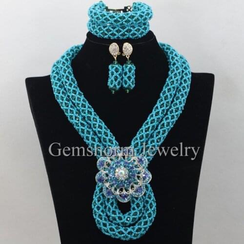 New Chunky Teal Blue Nigerian Wedding African Beads Jewelry Set Crystal Costume Bridal Jewelry Set Free Shipping WB810
