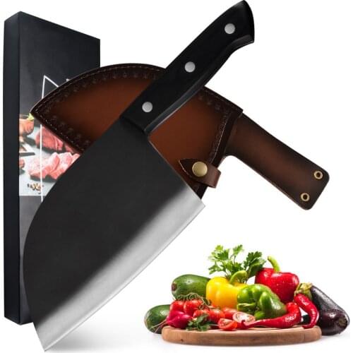 Xyj High Carbon Stainless Steel Chopping Knife 7'' Full Tang Butcher Knife Serbian Chef Butcher Knife Camping Tool Meat Cleaver