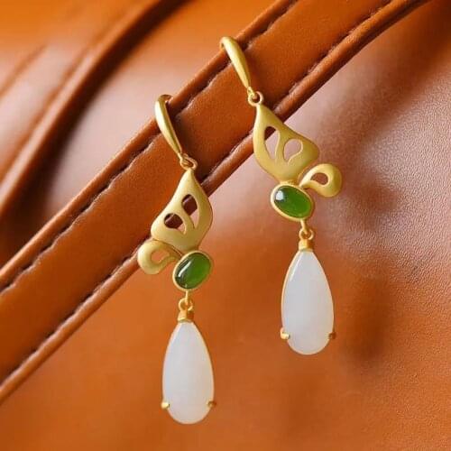 Original natural Hetian White Jade Butterfly drop shaped earrings Chinese style retro minority design womens new winter jewelry