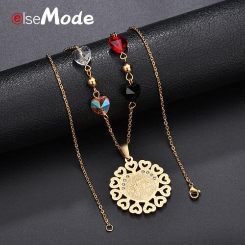 ELSEMODE Hollow Heart Saint Benedict Pendant Necklace Rhinestone Stainless Steel Church Necklace Women Girl Catholic Jewelry