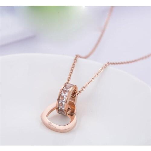 316L Stainless Steel Rose Gold Trendy Double Ring Love Diamond Necklace Fashion Style Beautiful Clavicle Chain