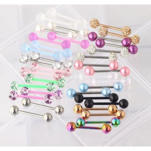 JUNLOWPY 2-10pcs/set Tongue Piercing Stainless Steel 14G Tongue Rings Barbell Nipple Bar Shield Body Jewelry for Women Nipple
