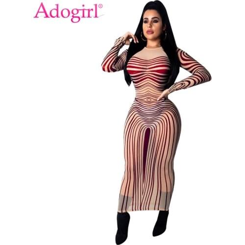 Adogirl Stripe Print Sheer Mesh Maxi Dress Highly Stretchy O Neck Long Sleeve Sheath Bodycon Long Club Party Dress Casual Outfit
