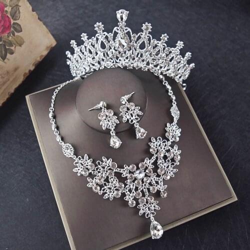 Silver Plated Crystal Bridal Jewelry Sets Rhinestone Tiaras Crown Choker Necklace Earrings Set Wedding Accessories Hair Ornament