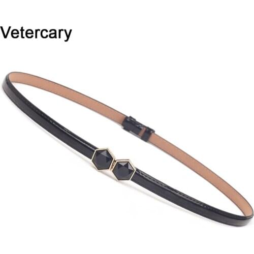 Hexagon Buckle black acrylic gem buckles Thin Belts for Women Unique Designe Adjustable strap belts Womens Split Leather gifts