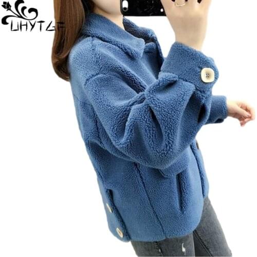 UHYTGF Quality Sheep Shearing Winter Fur Jacket Womens Imitate Lambswool Casual Warm Coat Single-Breasted Short Outerwear 1190