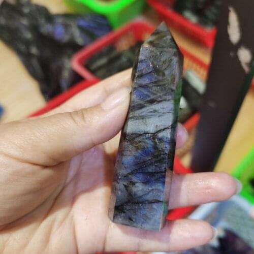 High quality Natural Labradorite Hexagonal Column Quartz Crystal Point Stones Mineral Ornament Healing Wand Home Decor DIY Gift