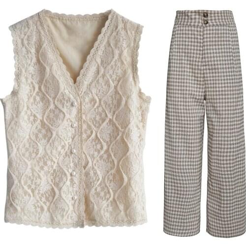 2-Piece Sets Women Retro Argyle Lace Sleeve Shirts+Pants Plaid Trouser 2021 Summer Elegant Office Lady Vintage England Outfits