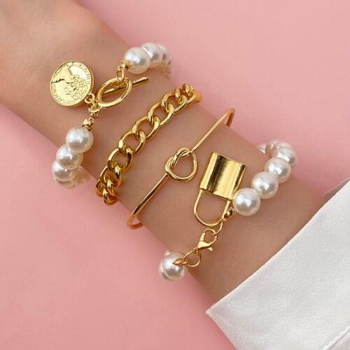 FNIO Punk Gothic Imitation Pearls Lock Bracelets Female Knot Flower Bracelet Bangles for Women 2021 Fashion Gold Coin Jewelry