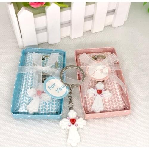 1PCS X White Cross Keychain With Red Rhinestone In Blue and Pink Gift Box Church Wedding Return Gift