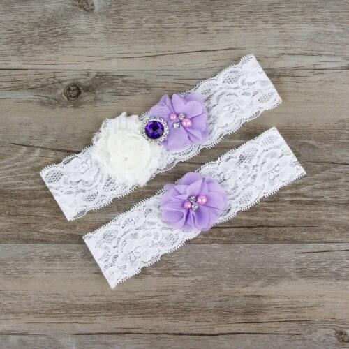 2pcs/lot Wedding Garters Set Bridal Toss Garter Beaded Keepsake Garter Satin Flower Lilac chiffon puff Bridal Gift