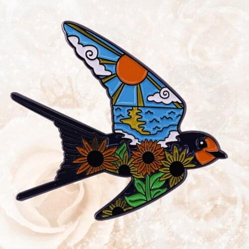 Sailor Jerry Collins Swallow Ocean sun flower enamel pin British Traditional symbol Tattoo bird animal brooch jewelry badge