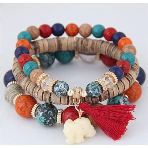 Europe Trend Bohemia Simple Versatile Elephant Tassel Wood Beads Multi-layer Temperament Bracelet womens Jewelry