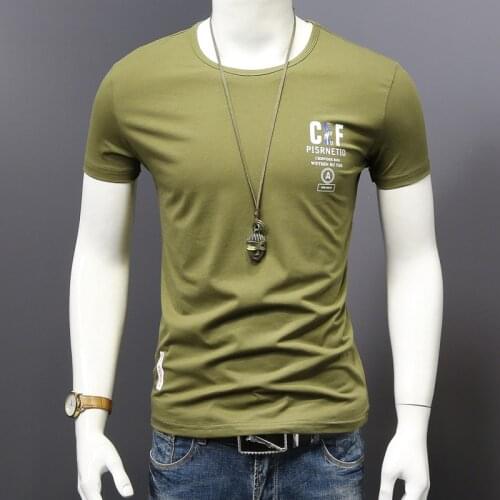 Men Army Green O-Neck Short Sleeve T Shirt Mens Fashion Letter Printed Cotton Stretch Slim Fit T-Shirts Summer Casual Top Tees