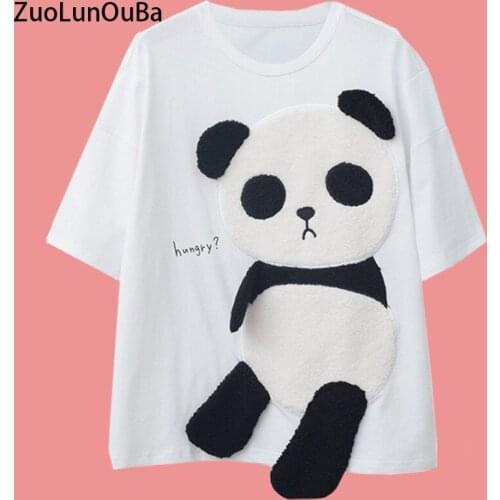 ZuoLunOuBa Patch Embroidery Cartoon Panda Woman T Shirt Short Sleeve Loose Female Tees Casual Summer High Quality Cotton Tops
