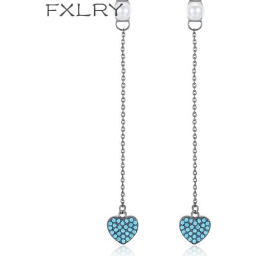 FXLRY New Design Romantic Fashion Jewelry Gun Black Color Cubic Zircon Blue Long Heart-Shaped Pearl Earrings For Girl To Gift