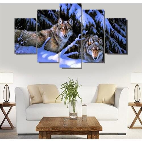 JIE DO ART 5 Pieces Animal Canvas Print Painting Modern Wolf With Moon Wall Art Picture For Living Room Home Decoration