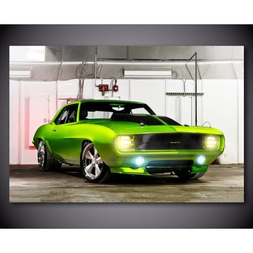 Canvas Painting Chevy Camaro Green Muscle Car Posters and Prints Silk Wall Art Picture Home Decorations