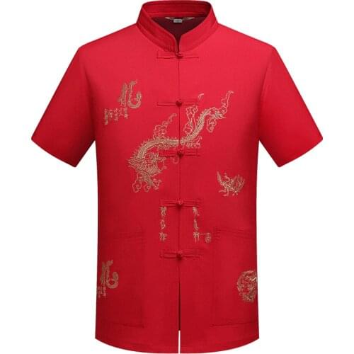 Chinese Traditional Tang Clothing Top Mandarin Collar Kung Fu Wing Chun Garment Top Short Sleeve Embroidery Dragon Shirt M-XXXL