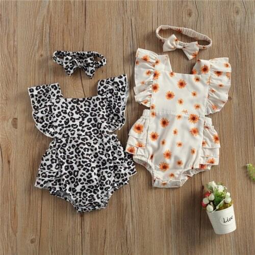 2021 Infant Girls' Printed 2Pcs Romper Set Ruffled Square Neck Backless Triangle Body Baby suit Headband Baby Clothing