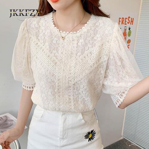 Lace Chiffon Blouses Summer 2021 New Woman Design Fashion Sweet High-End Short Sleeve Tops Puff Sleeve Elegant Shirt