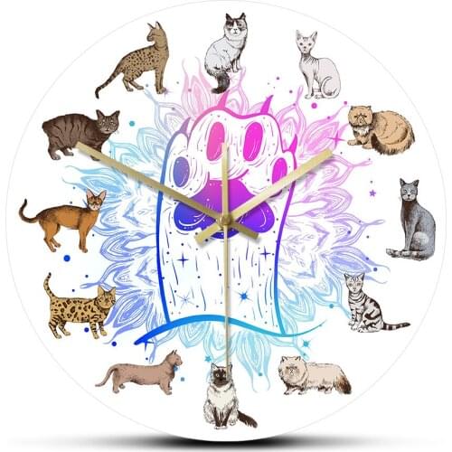 Hand Drawn Cat Breeds Wall Clock Cat Paw Kitty Artwork Cartoon Kitten Home Decor Silent Quartz Hanging Wall Watch Cat Lover Gift