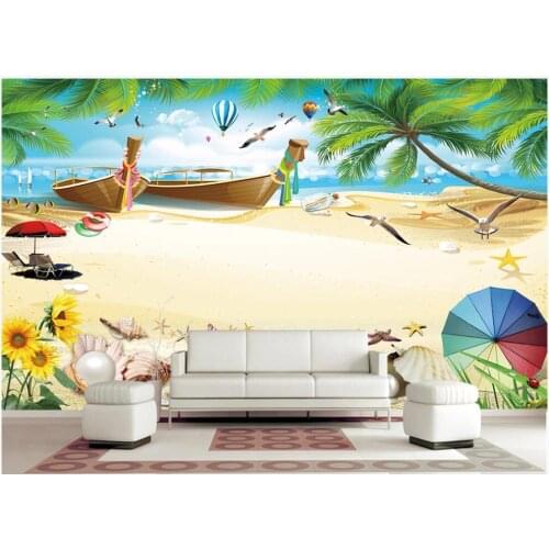 Custom mural on the wall paper 3d Seaside coconut tree shell wooden boat beach scenery decor photo Wallpaper in the living room