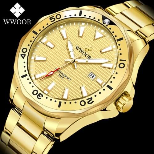 WWOOR 2021 New Luxury Gold Full Steel Watch Men Sports Diver Quartz Wrist Watches Luminous Waterproof Military Relogio Masculino