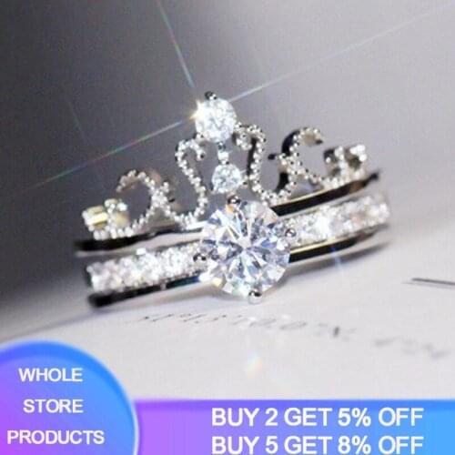 Silver 925 Ring Opening Crown Finger Rings Clear CZ Stackable Ring Wedding Band Silver 925 Jewelry Кольцо For Women
