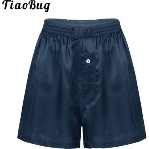 Men Satin Loose Boxer Shorts Sleepwear Nightwear Sleep Bottoms Casual Silk Homewear Solid Color Elastic Waistband Button Shorts