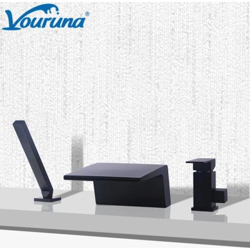 VOURUNA Waterfall Black 3 holes Deck-Mount Bathtub Faucet Mixer Tap With Handshower Set Roman Tub Filler Trim Set