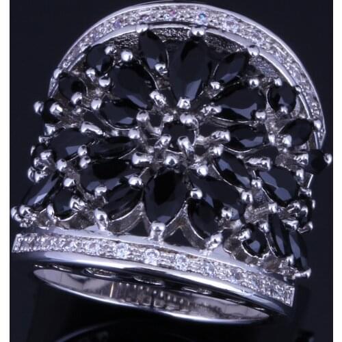 Tantalizing Huge Black Cubic Zirconia White CZ Silver Plated Ring V0158