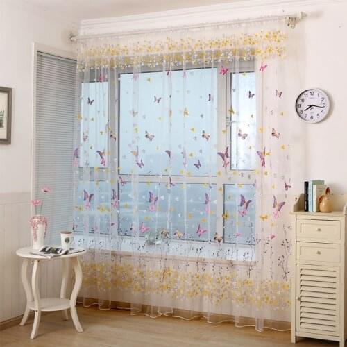 Butterfly Window Tulle Curtain Perspective Voile Door Drape Flower Print Blind