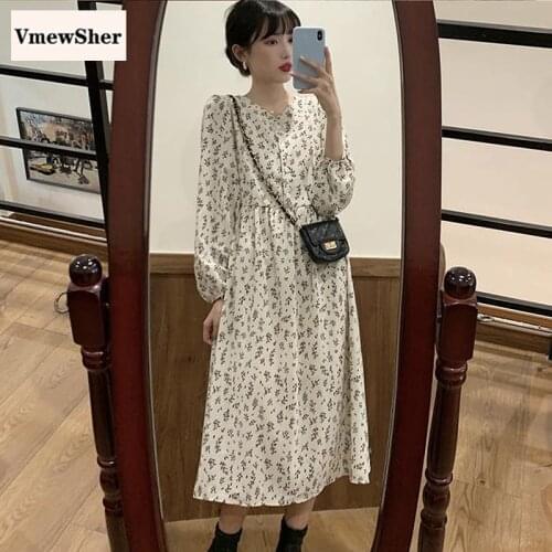 VmewSher New Vintage Women Dress Floral V Neck Spring Autumn Long Sleeve High Waist Flower Chiffon Lady Elegant Mid-calf Dresses