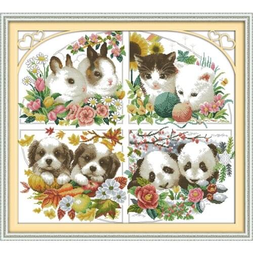 Four seasons animal Funny Gifts Home Decor Cross Stitch Kits Printed Canvas DMC Counted Cross-stitch set Embroidery Needlework