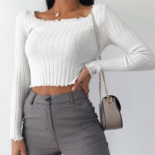 2020 Women Kintted T Shirts Spring Autumn Solid Color Sexy Slim Fit Wild Base Top Elastic Wrapped Casual Long Sleeve T-shirts