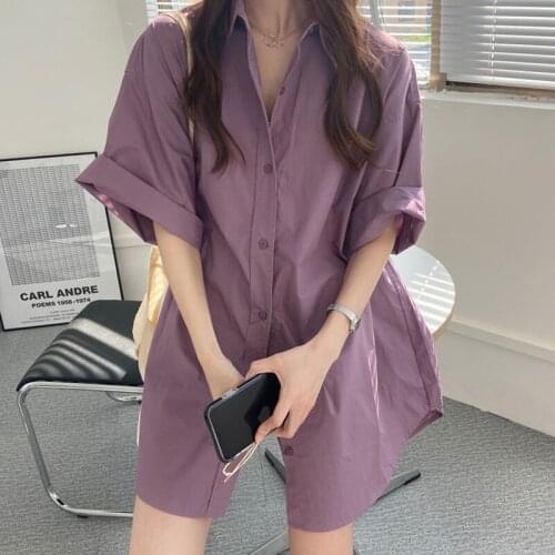 Purple top Shirt Women Retro Hong Kong Style New Summer mid-length Shirt Loose Top Clothe Button up shirt camisas para mujer