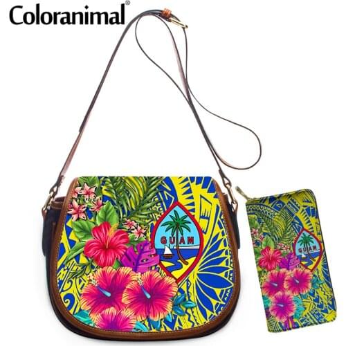 Coloranimal Hawaiian Guam Flag Polynesian Hibiscus Printed Women Crossbody Bag 2Pcs/Set Saddle Bag&Wallet Ladies Shoulder Bag