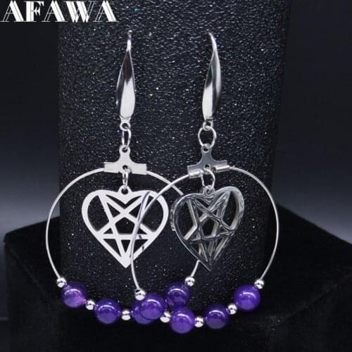 Pentagram Witchcraft Beads Stainless Steel Natural Crystal Earring Women Round Drop Earrings Jewelry pendientes mujer E613005