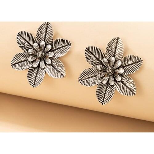 Docona Ancient Silver Color Flower Stud Earring for Women Vintage Geometry Alloy Metal Earrings Ladies Party Jewelry Gift серьги