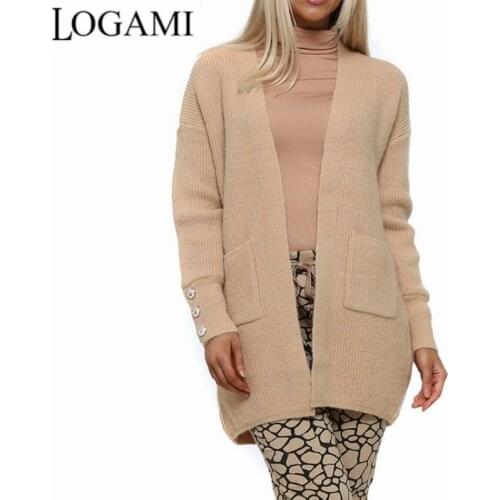 LOGAMI Womens Sweaters 2021 Winter Cardigan Casual Pocket Long Sweater Knit Cardigan Khaki Grey