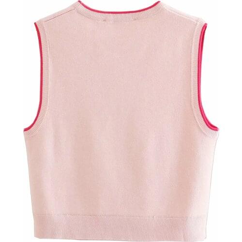 ZA Women 2021 Fashion Diamond Check Color Matching Knitted Vest Sweater O-neck Vintage Sleeveless Female Waistcoat Chic Tops