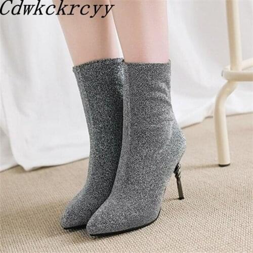 Winter New pattern fashion Round head silvery sexy Elastic force Thin leg Short boots Fine heel Add wool Keep warm Women Boots