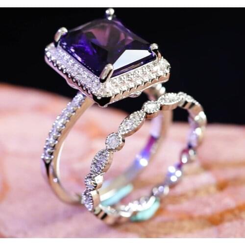 2pcs/set Luxury Big Purple Crystal Stone Rings for Women Wedding Engagement Accessories Cubic Zircon Finger Ring Jewelry Gift